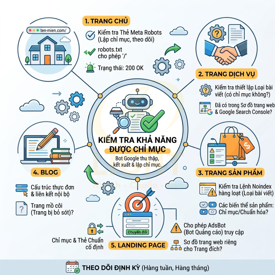 Infographic quy trình kiểm tra khả năng được Google lập chỉ mục cho trang chủ, dịch vụ, sản phẩm, blog và landing page