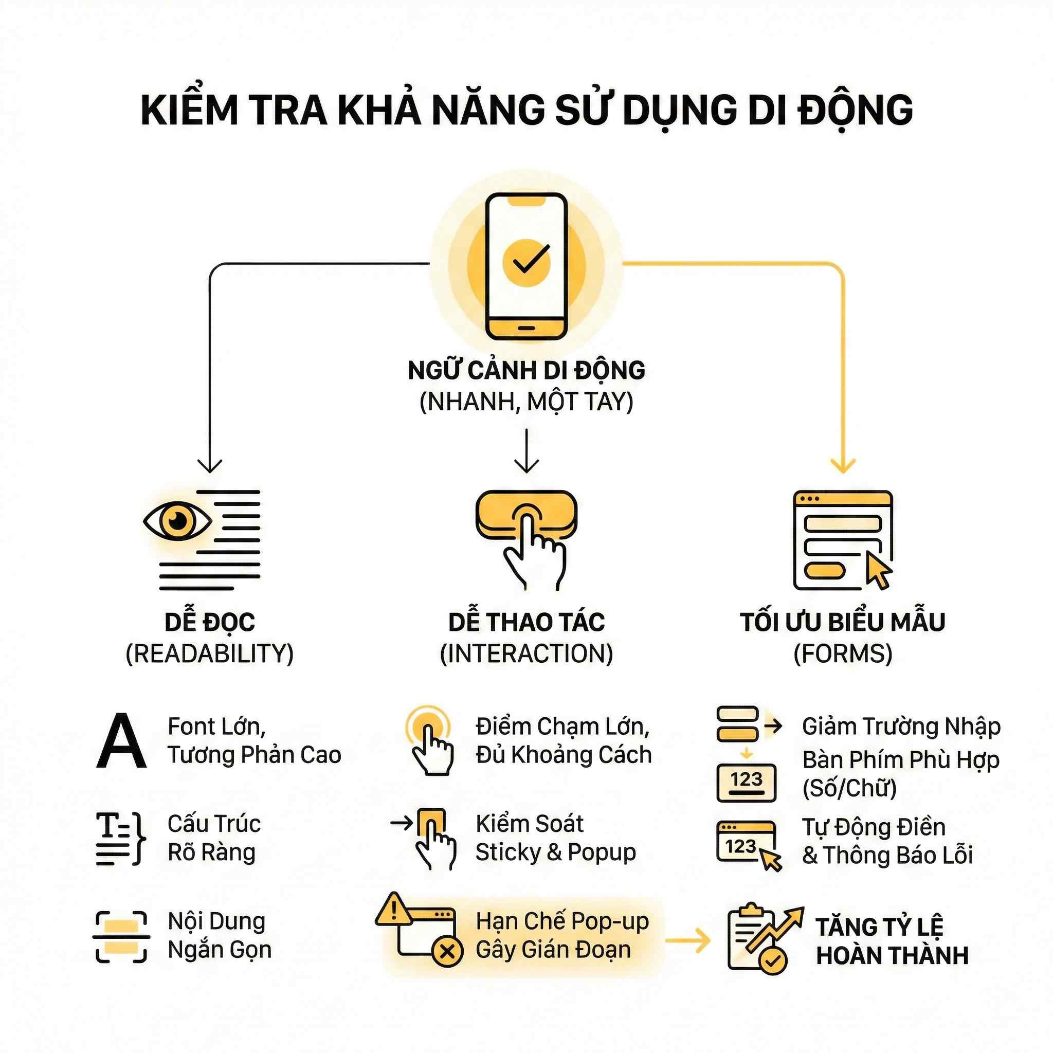 Checklist tối ưu trải nghiệm người dùng trên thiết bị di động với đọc dễ, thao tác dễ và tối ưu biểu mẫu