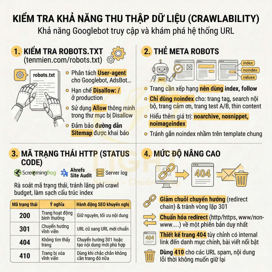 Infographic hướng dẫn kiểm tra khả năng thu thập dữ liệu SEO: robots.txt, meta robots, mã trạng thái HTTP và tối ưu lỗi 404