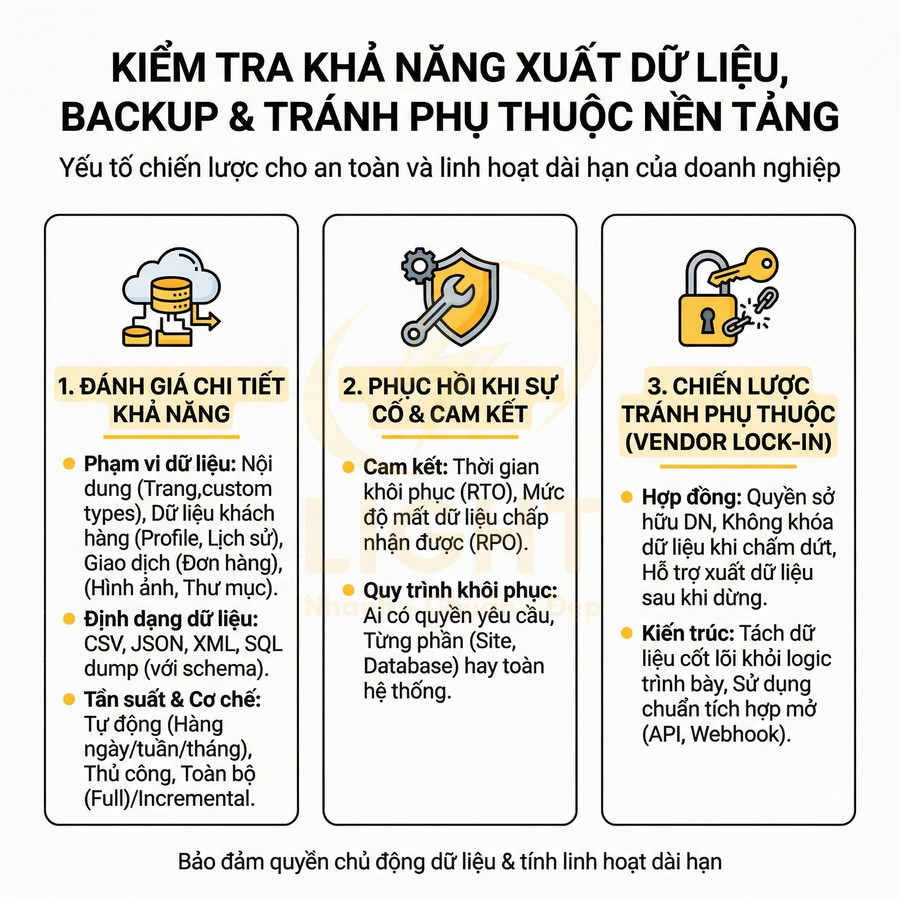 Infographic hướng dẫn kiểm tra khả năng xuất dữ liệu, backup và tránh phụ thuộc nền tảng cho doanh nghiệp