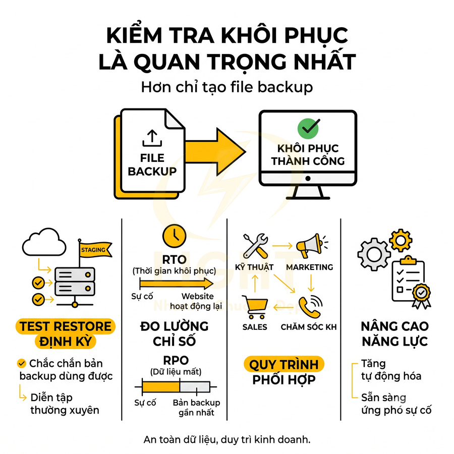 Infographic quy trình kiểm tra khôi phục dữ liệu từ file backup, đo lường RTO RPO và phối hợp các bộ phận doanh nghiệp