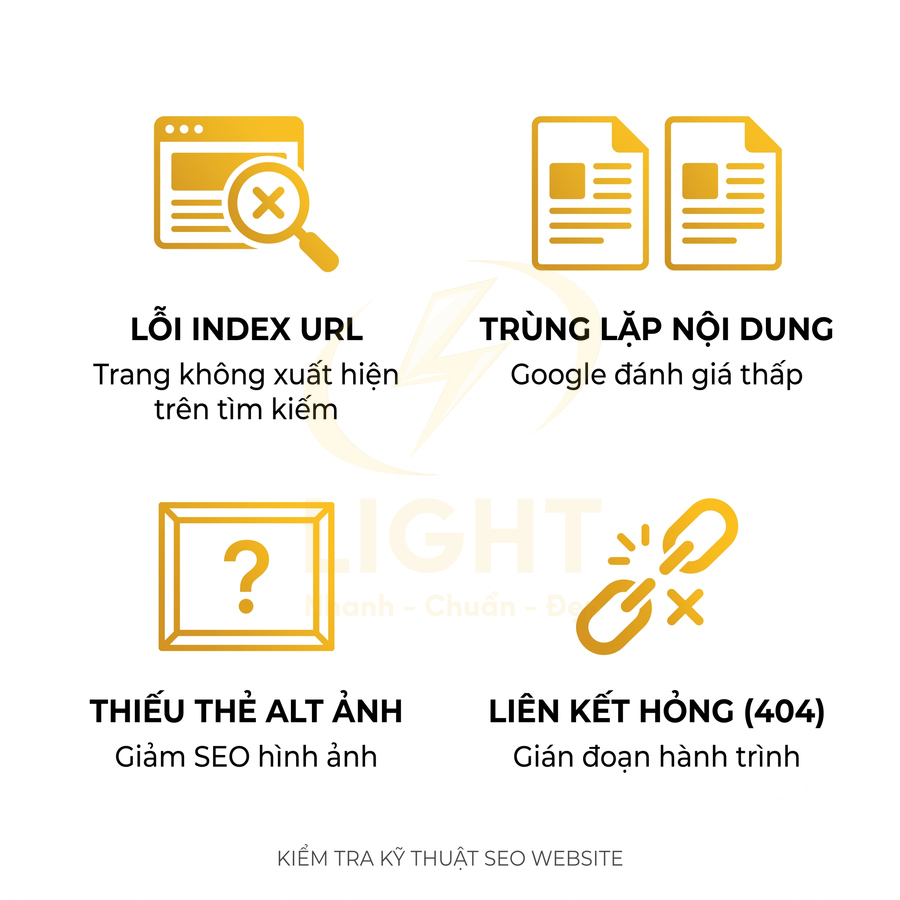 Các lỗi kỹ thuật SEO website phổ biến như lỗi index URL, trùng lặp nội dung, thiếu thẻ alt ảnh, liên kết hỏng