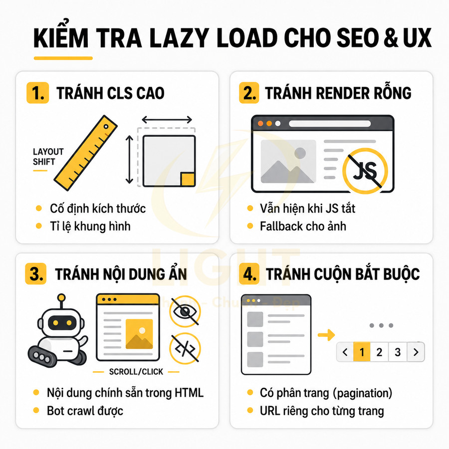Hướng dẫn kiểm tra lazy load tối ưu SEO UX với 4 lưu ý về CLS, render rỗng, nội dung ẩn và cuộn bắt buộc