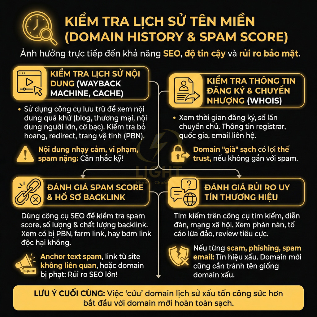 Infographic hướng dẫn kiểm tra lịch sử tên miền, spam score và rủi ro uy tín thương hiệu để tối ưu SEO