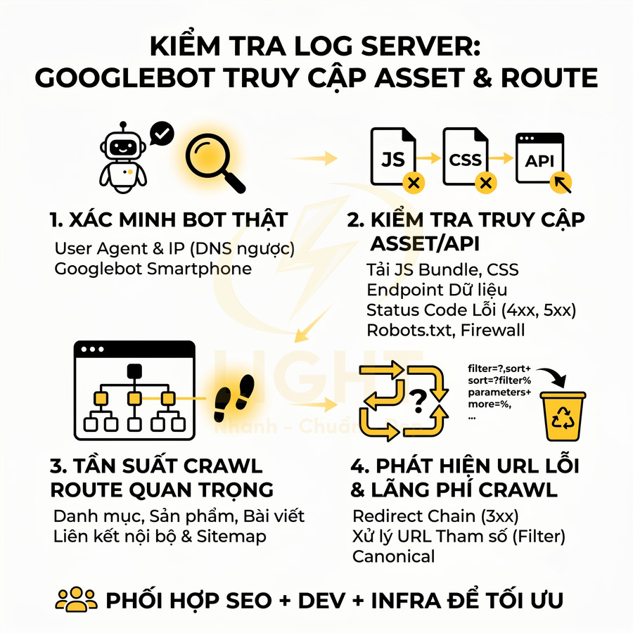Hướng dẫn kiểm tra log server Googlebot truy cập asset và route để tối ưu crawl và SEO website