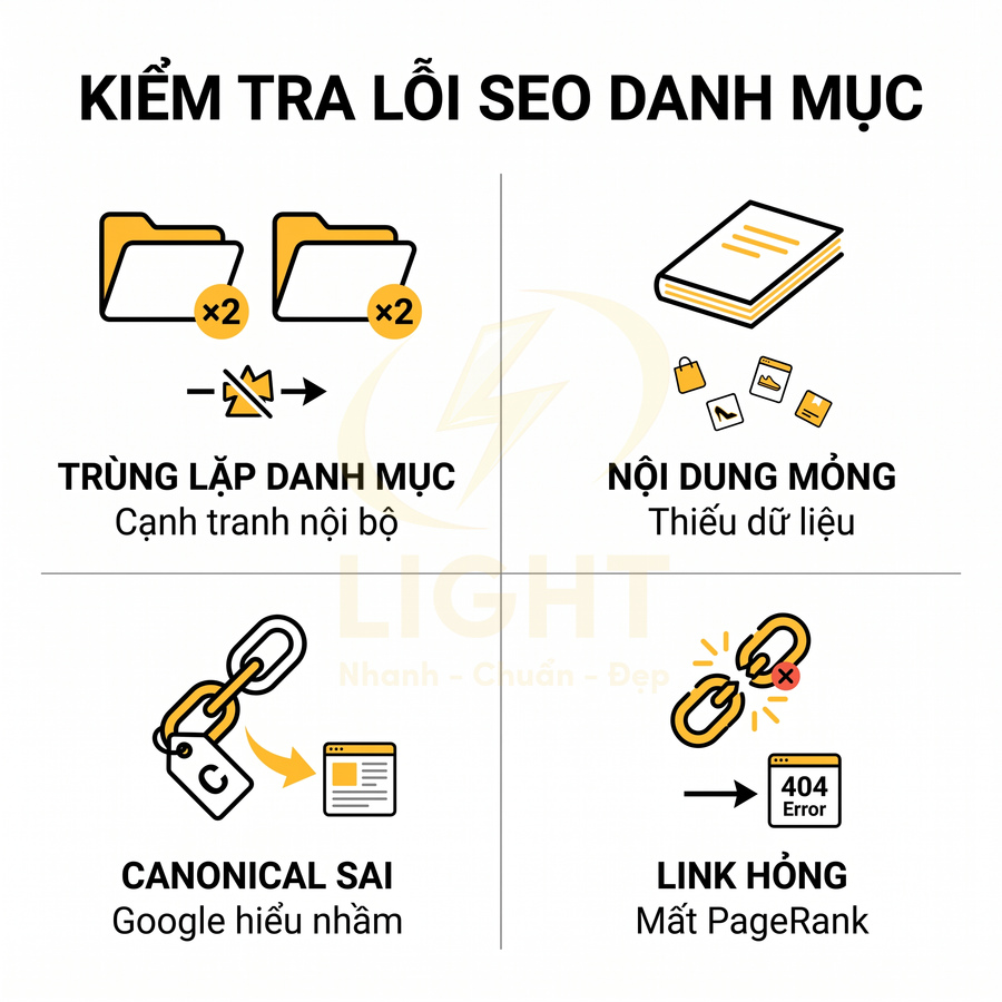 Minh họa các lỗi SEO danh mục phổ biến gồm trùng lặp danh mục, nội dung mỏng, canonical sai và link hỏng
