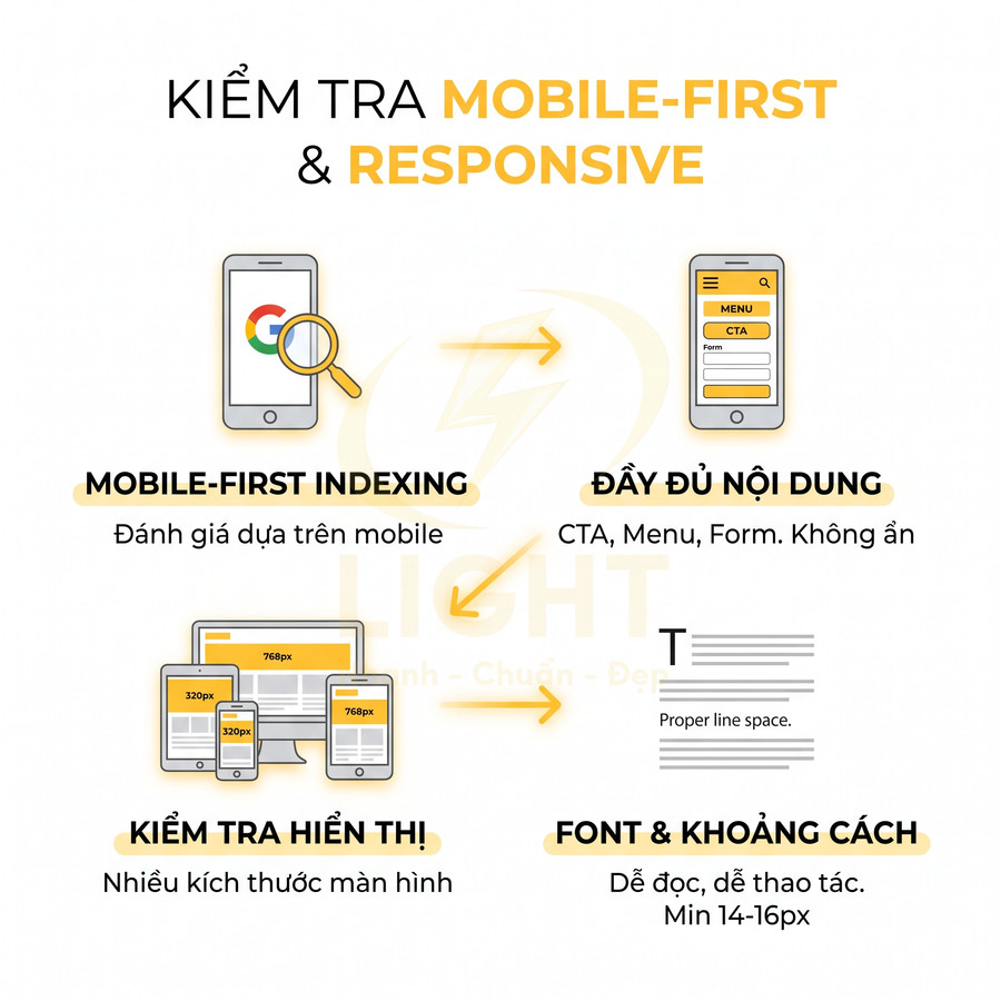 Hướng dẫn kiểm tra mobile first và responsive với mobile first indexing, nội dung đầy đủ, hiển thị đa màn hình, font dễ đọc