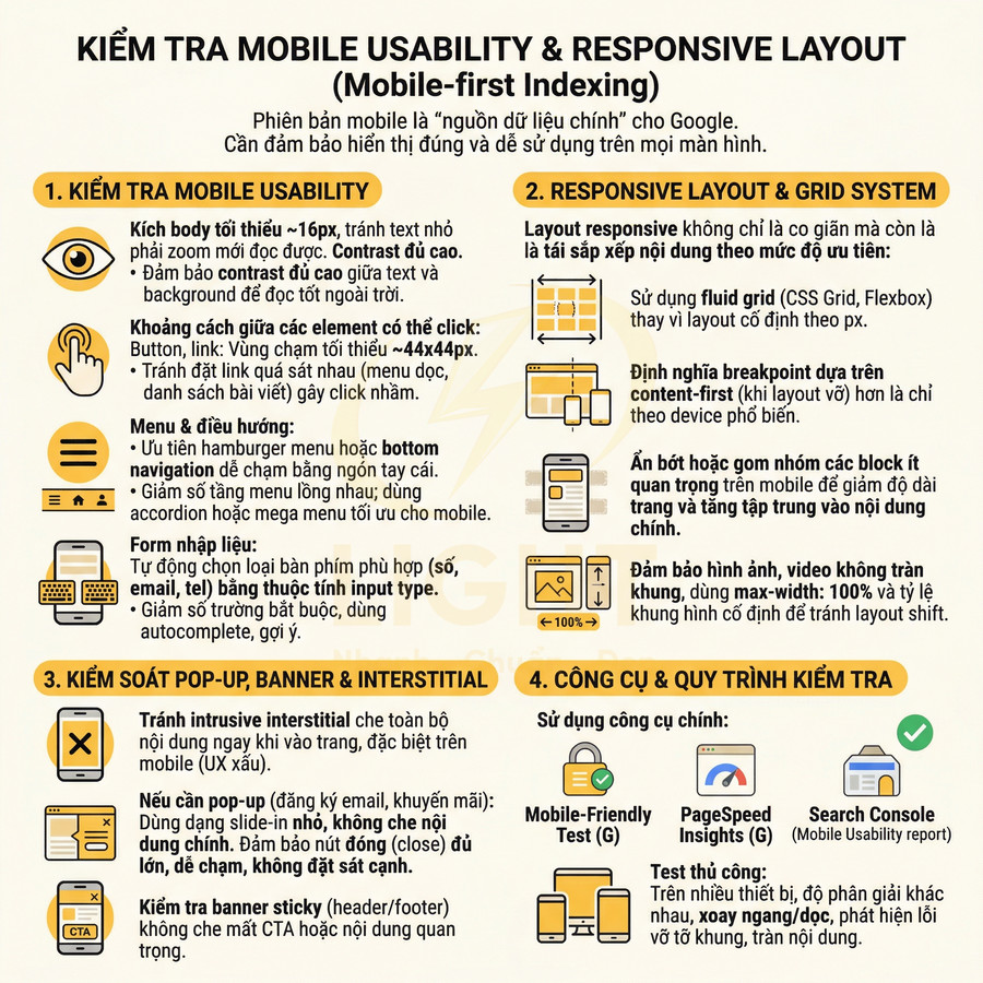 Infographic hướng dẫn kiểm tra mobile usability và responsive layout cho website theo chuẩn Google Mobile first Indexing