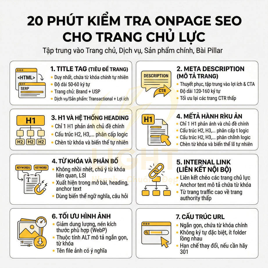 Checklist 20 phút kiểm tra onpage SEO cho trang chủ với 7 bước tối ưu title, meta, heading, từ khóa, internal link, hình ảnh, URL