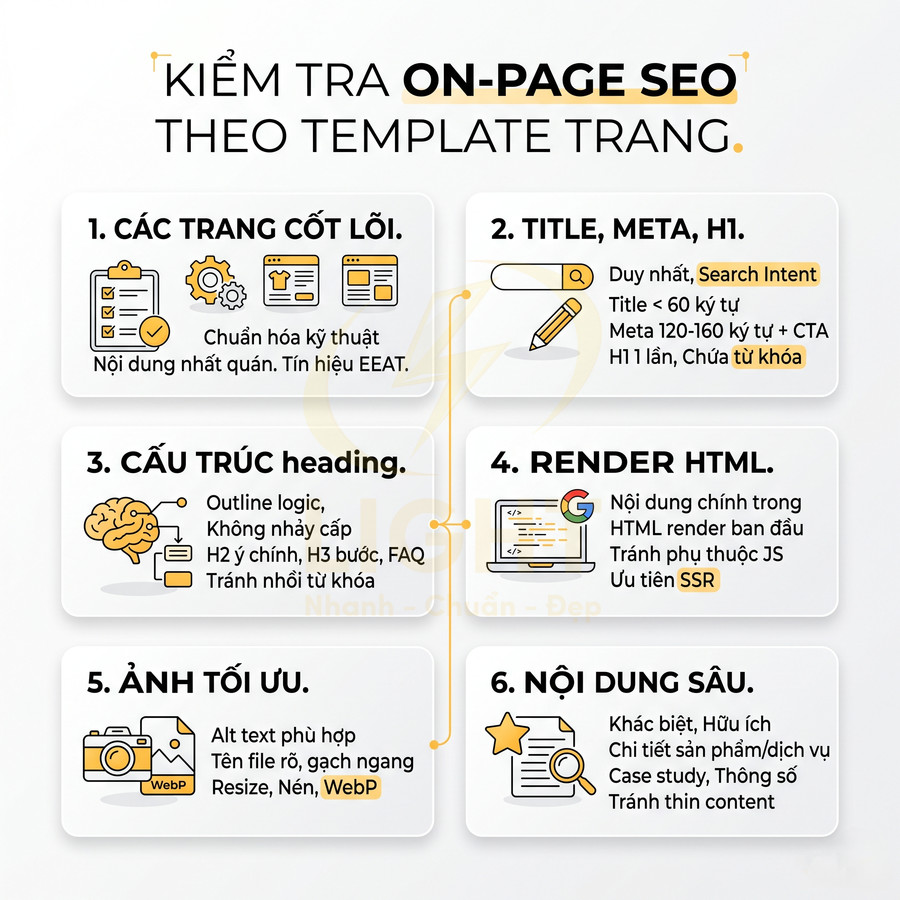 Checklist kiểm tra onpage SEO theo template trang với 6 bước tối ưu nội dung và kỹ thuật
