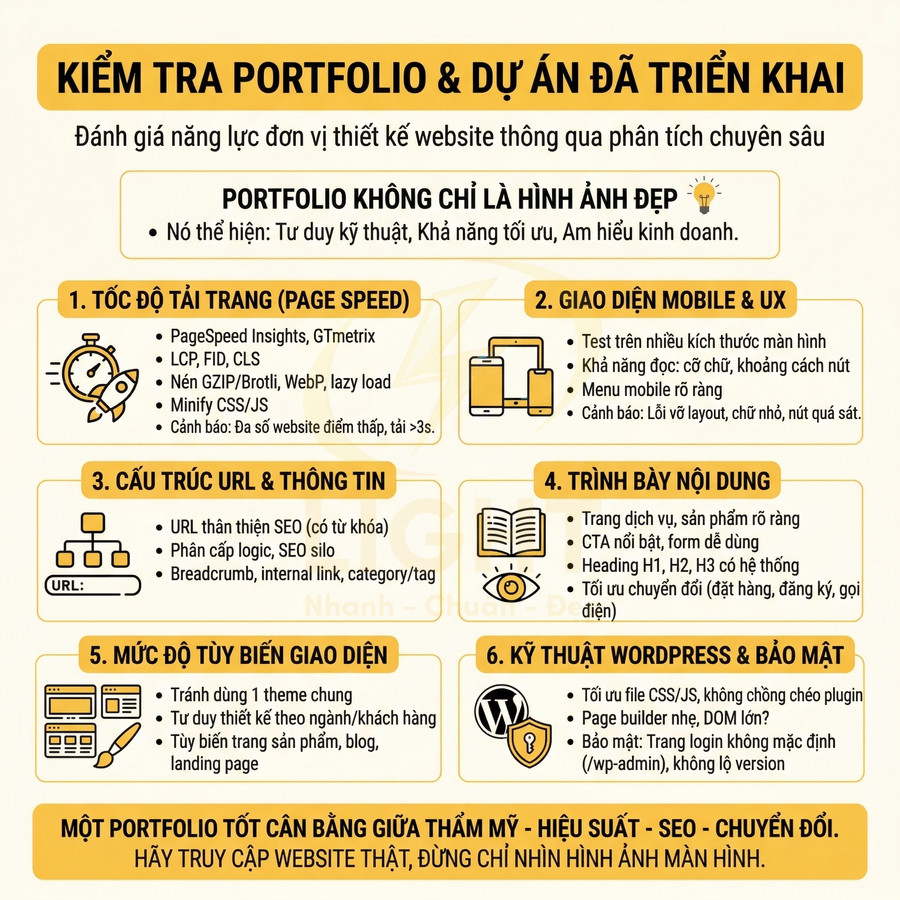 Infographic checklist kiểm tra portfolio và dự án thiết kế website chuẩn SEO, UX, tốc độ tải trang và bảo mật WordPress