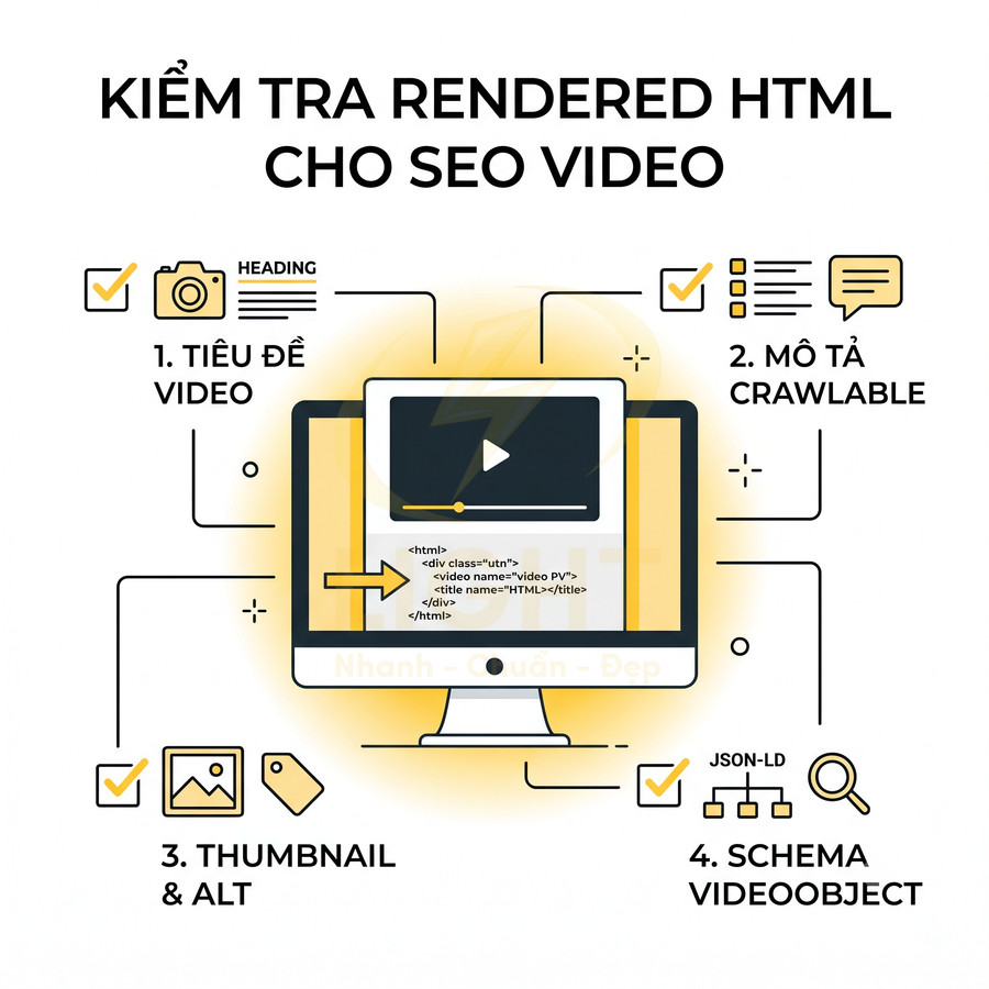 Hướng dẫn kiểm tra rendered HTML cho SEO video với tiêu đề, mô tả, thumbnail alt và schema VideoObject