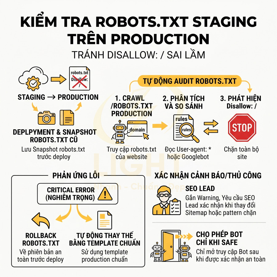 Infographic quy trình kiểm tra và tự động audit file robots.txt staging trước khi đưa lên production tránh lỗi Disallow