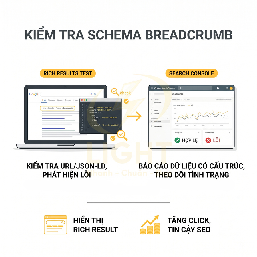 Hướng dẫn kiểm tra schema breadcrumb bằng Google Rich Results Test và Search Console để hiển thị rich result, tăng click SEO