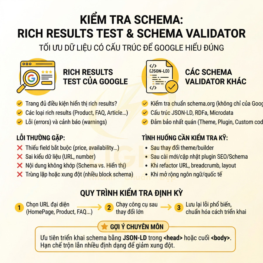 Hướng dẫn kiểm tra schema với Rich Results Test và Schema Validator để tối ưu dữ liệu có cấu trúc cho Google