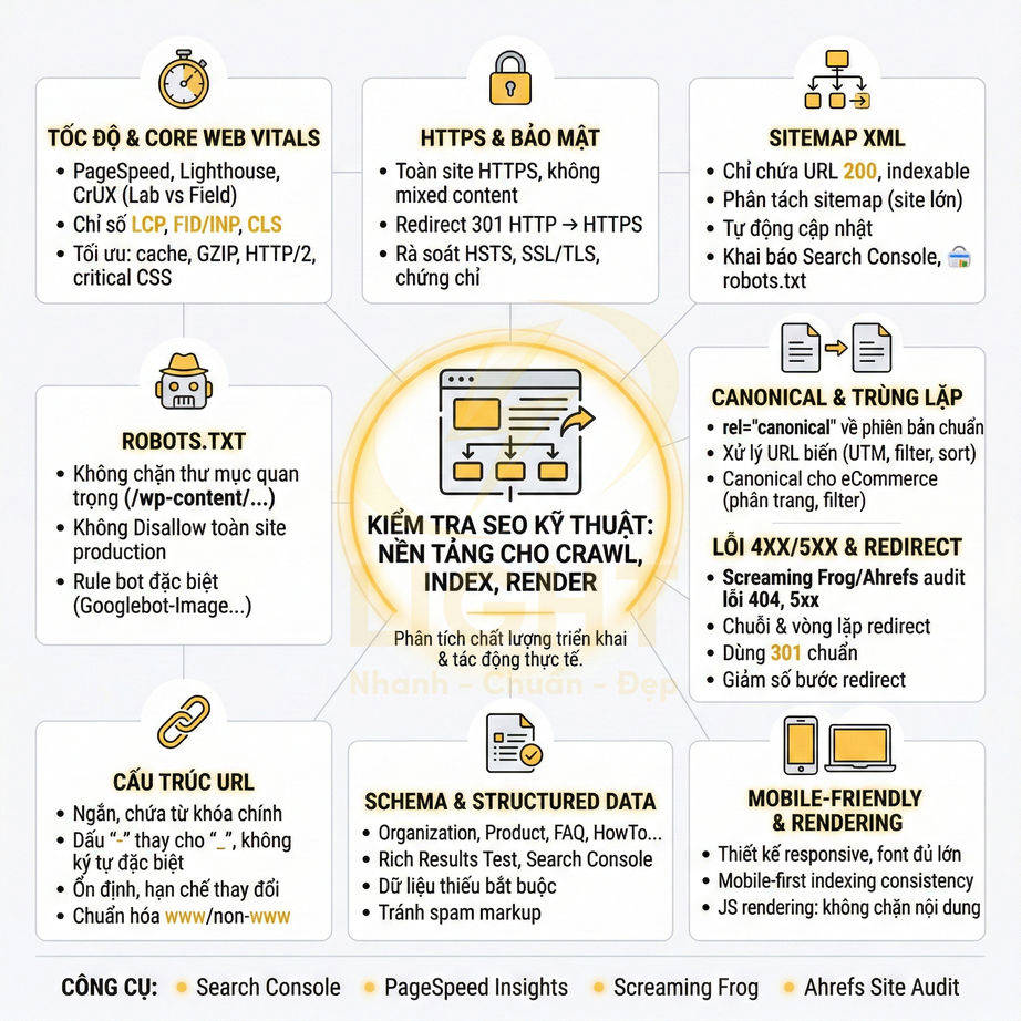 Checklist kiểm tra SEO kỹ thuật với các hạng mục tốc độ, bảo mật HTTPS, sitemap, robots.txt, URL, schema và mobile-friendly