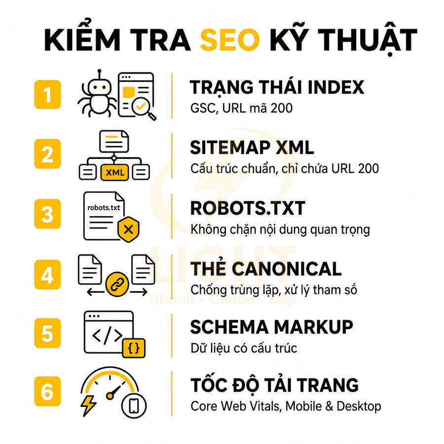 Checklist kiểm tra SEO kỹ thuật với 6 bước tối ưu index sitemap robots canonical schema và tốc độ tải trang