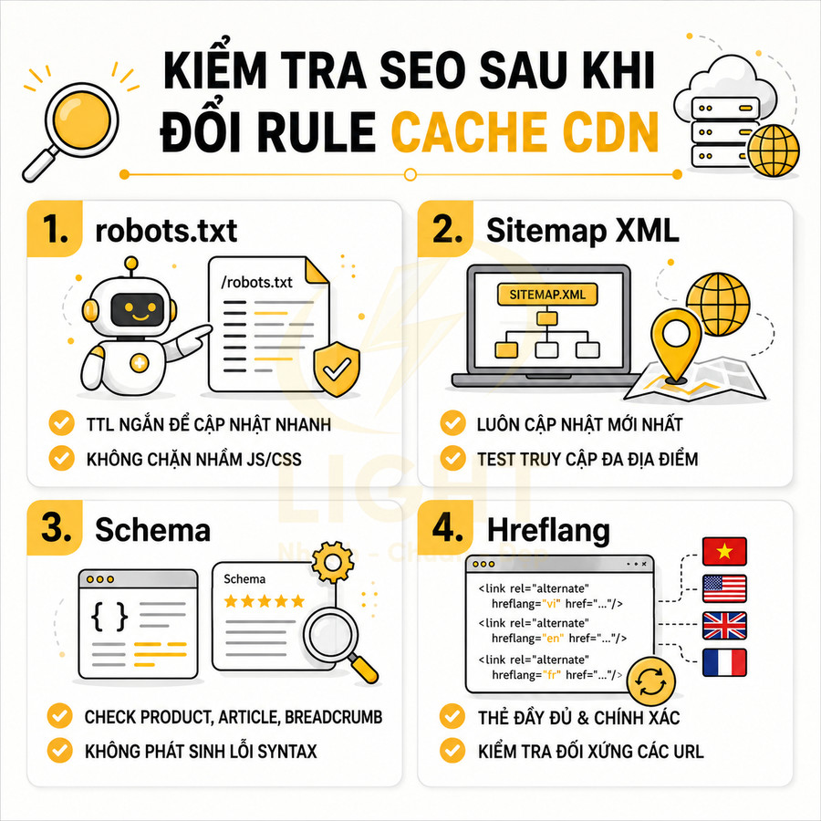 Hướng dẫn kiểm tra SEO sau khi đổi rule cache CDN với robots.txt, sitemap XML, schema và thẻ hreflang