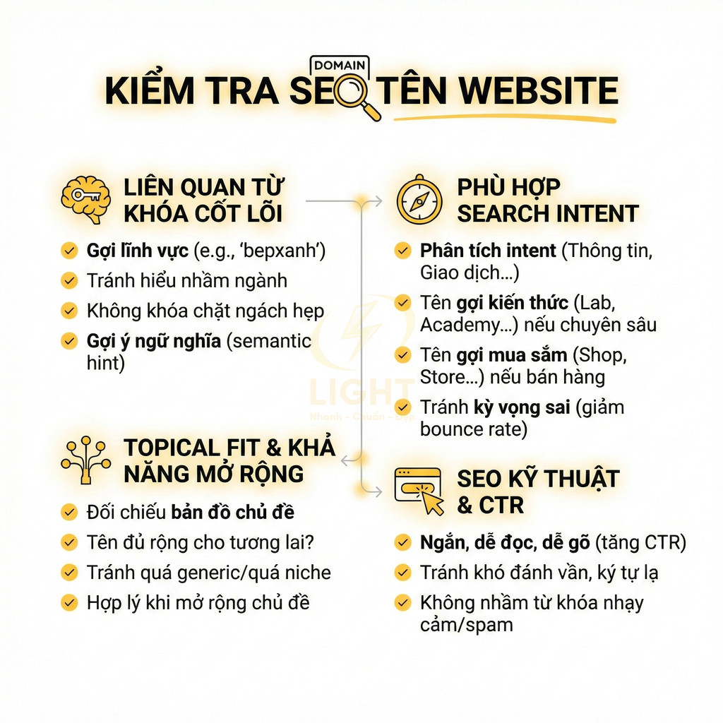 Checklist kiểm tra SEO tên website với các tiêu chí từ khóa cốt lõi, search intent, topical fit và SEO kỹ thuật