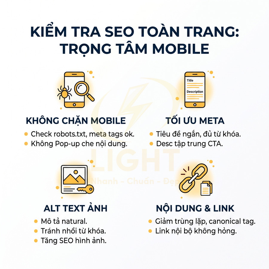 Checklist kiểm tra SEO toàn trang cho mobile với các mục không chặn mobile, tối ưu meta, alt text ảnh, nội dung và link