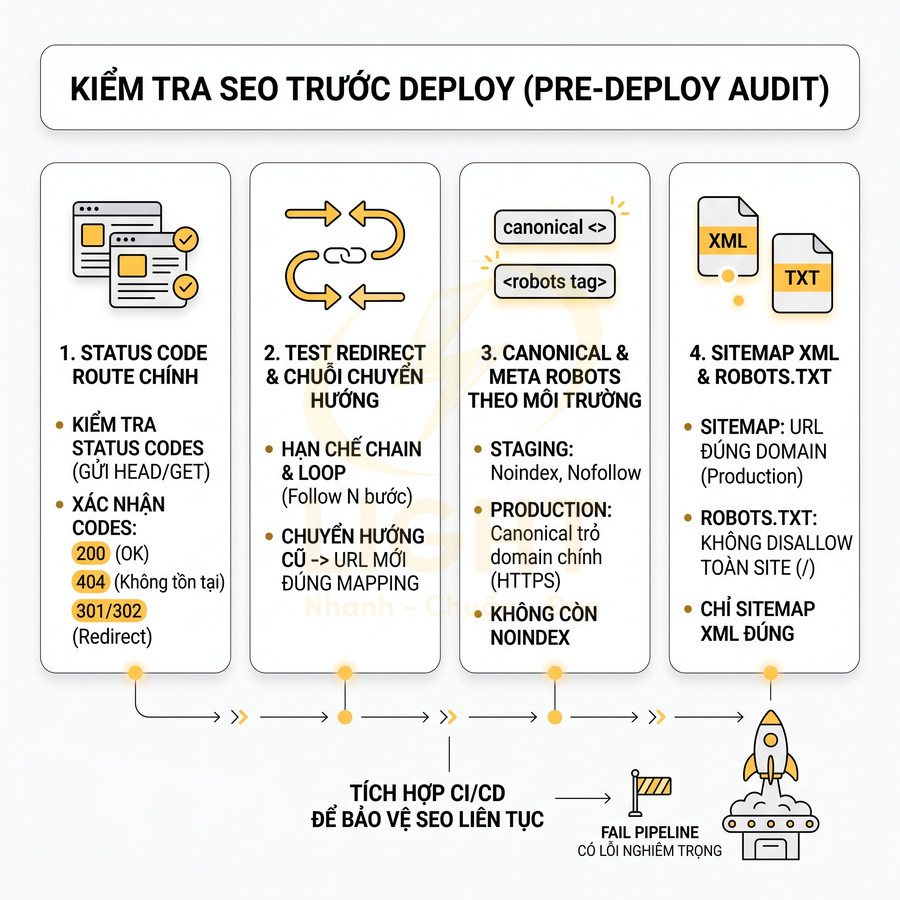 Checklist kiểm tra SEO trước deploy với các bước audit status code, redirect, canonical, sitemap XML và robots.txt