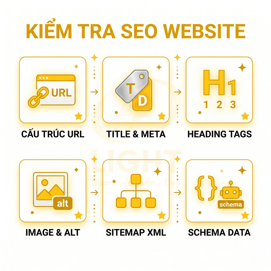 Checklist kiểm tra SEO website với các mục cấu trúc URL, title meta, heading, image alt, sitemap XML, schema data