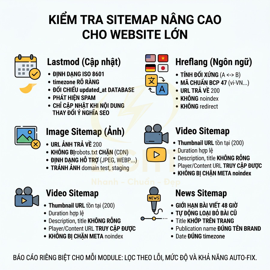 Hướng dẫn kiểm tra sitemap nâng cao cho website lớn với Lastmod, hreflang, image, video và news sitemap