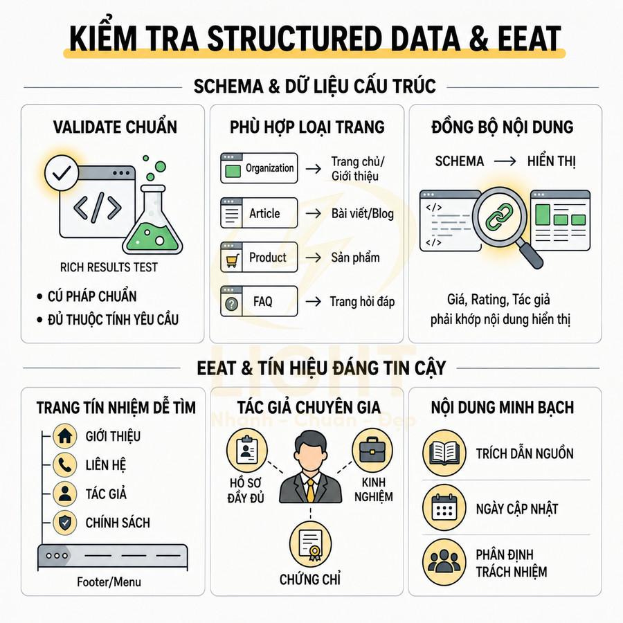 Hướng dẫn kiểm tra structured data và EEAT với schema, rich results test và yếu tố tin cậy nội dung SEO