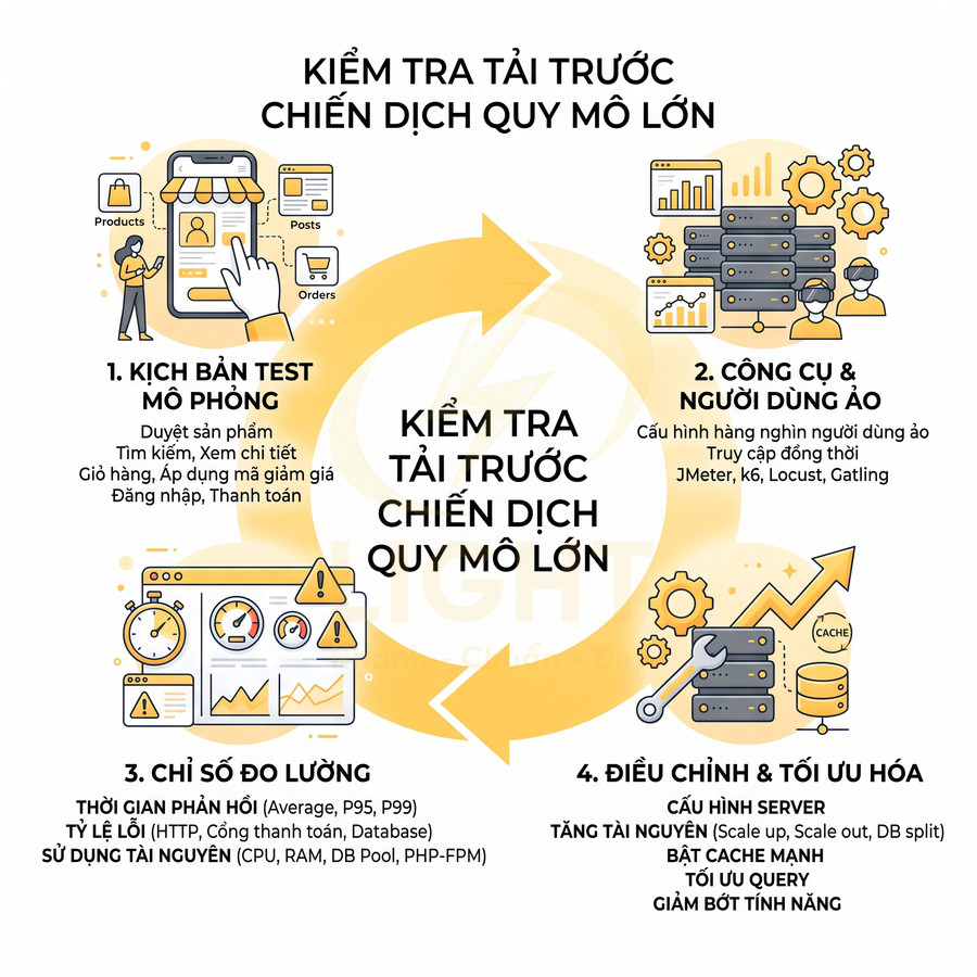 Infographic quy trình kiểm tra tải và tối ưu hiệu năng hệ thống trước chiến dịch quy mô lớn