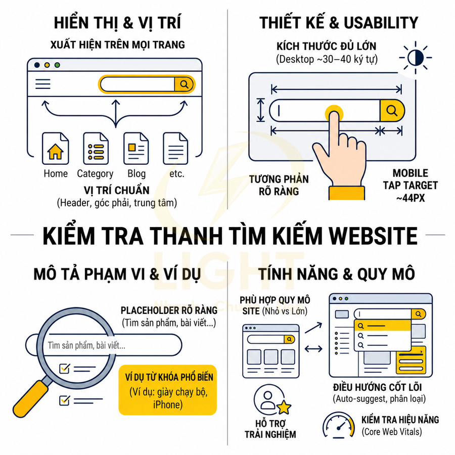 Hướng dẫn kiểm tra và tối ưu thanh tìm kiếm website về vị trí, thiết kế, mô tả phạm vi và tính năng