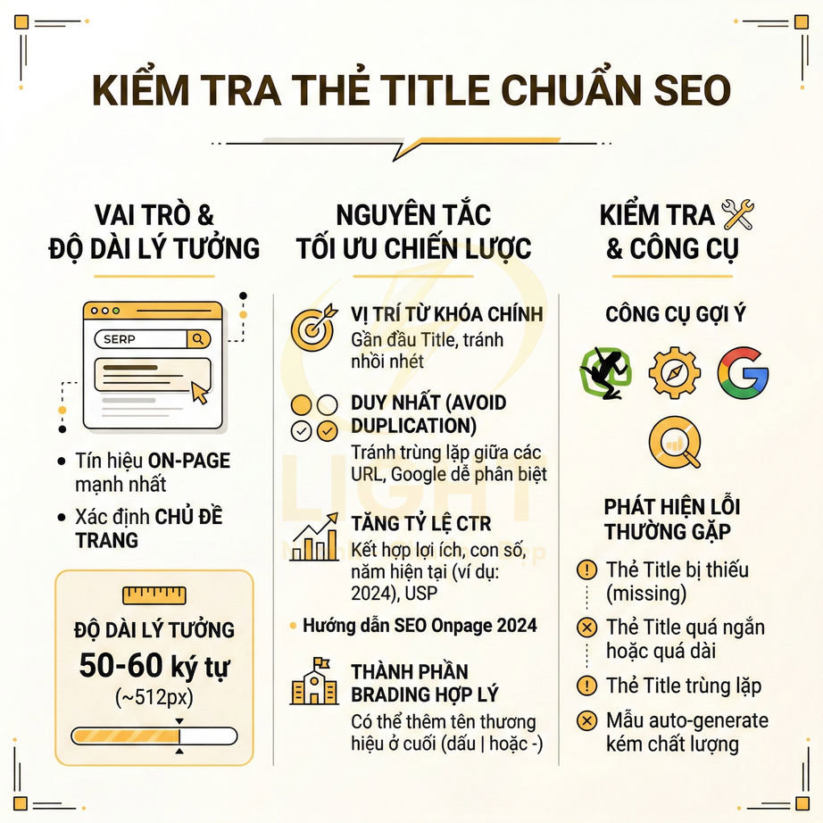 Hướng dẫn kiểm tra và tối ưu thẻ title chuẩn SEO với vai trò, độ dài, nguyên tắc và công cụ hỗ trợ