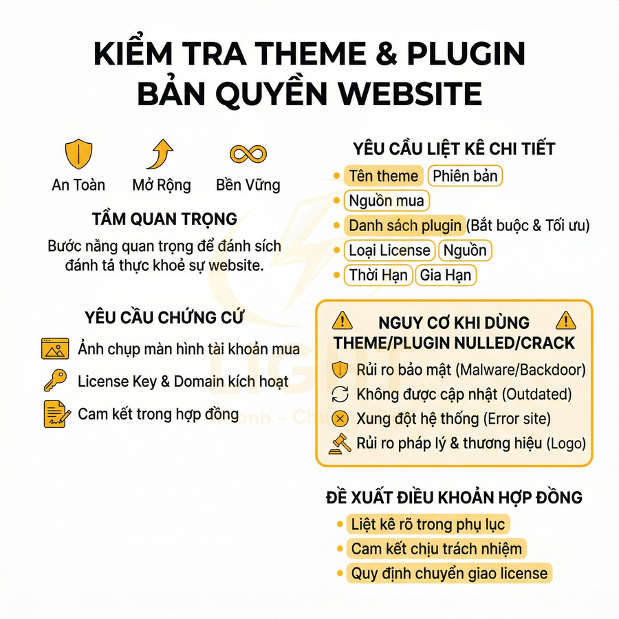 Infographic hướng dẫn kiểm tra theme và plugin bản quyền cho website WordPress, nêu rủi ro khi dùng nulled crack