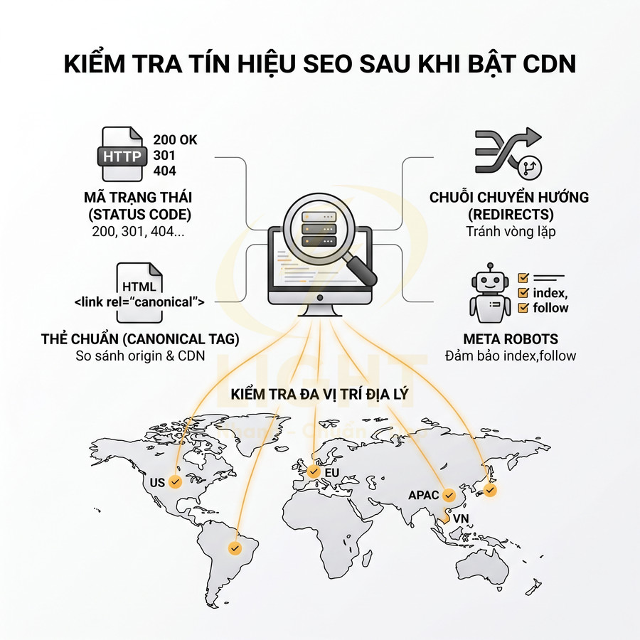 Hướng dẫn kiểm tra tín hiệu SEO sau khi bật CDN với status code, canonical, redirect, meta robots và vị trí địa lý