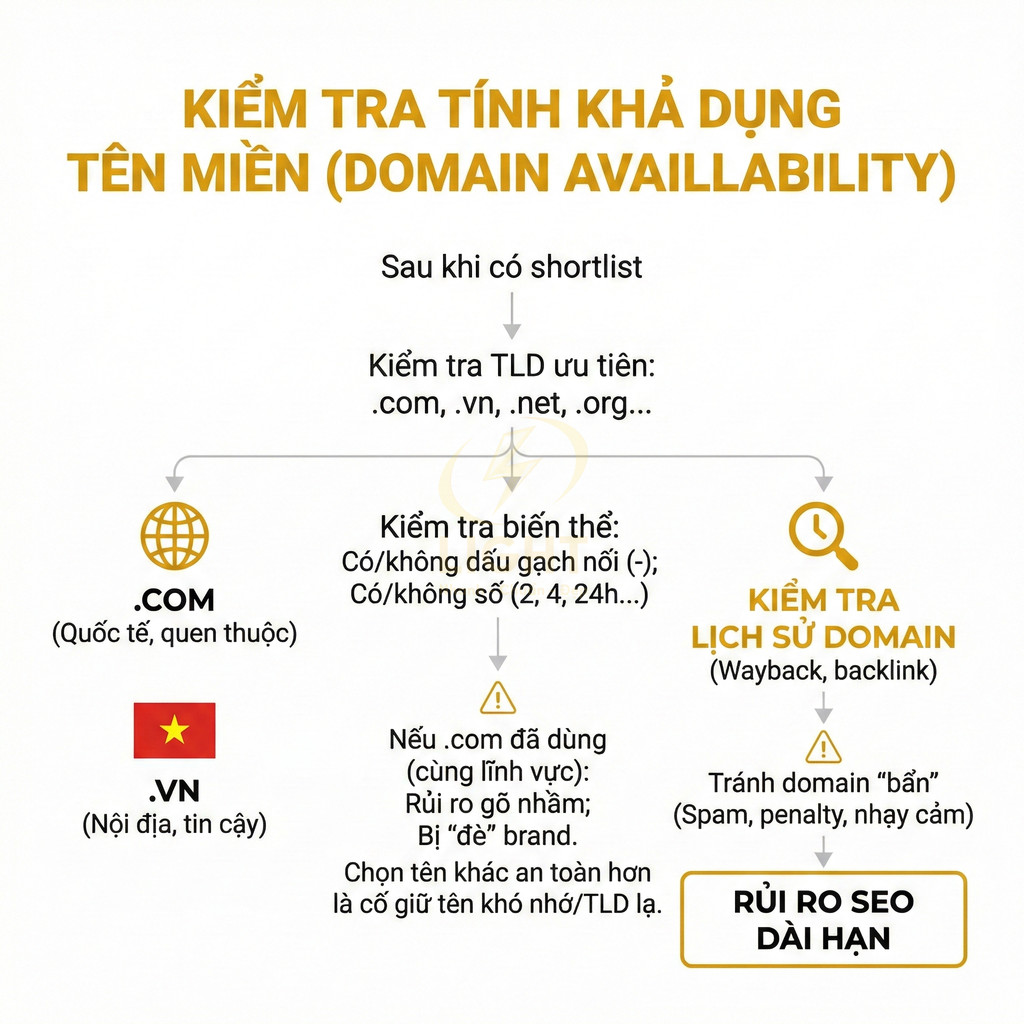 Hướng dẫn kiểm tra tính khả dụng tên miền và rủi ro SEO khi chọn đuôi .com, .vn và các TLD khác