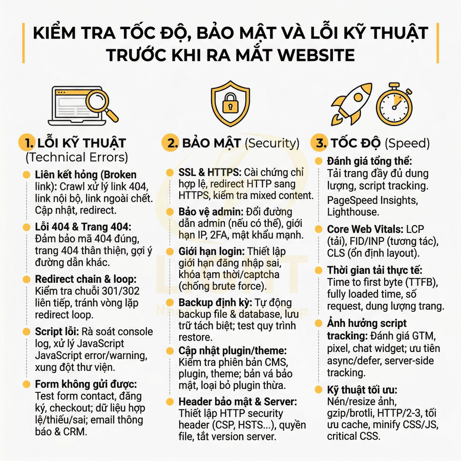 Checklist kiểm tra tốc độ, bảo mật và lỗi kỹ thuật cần tối ưu trước khi ra mắt website mới