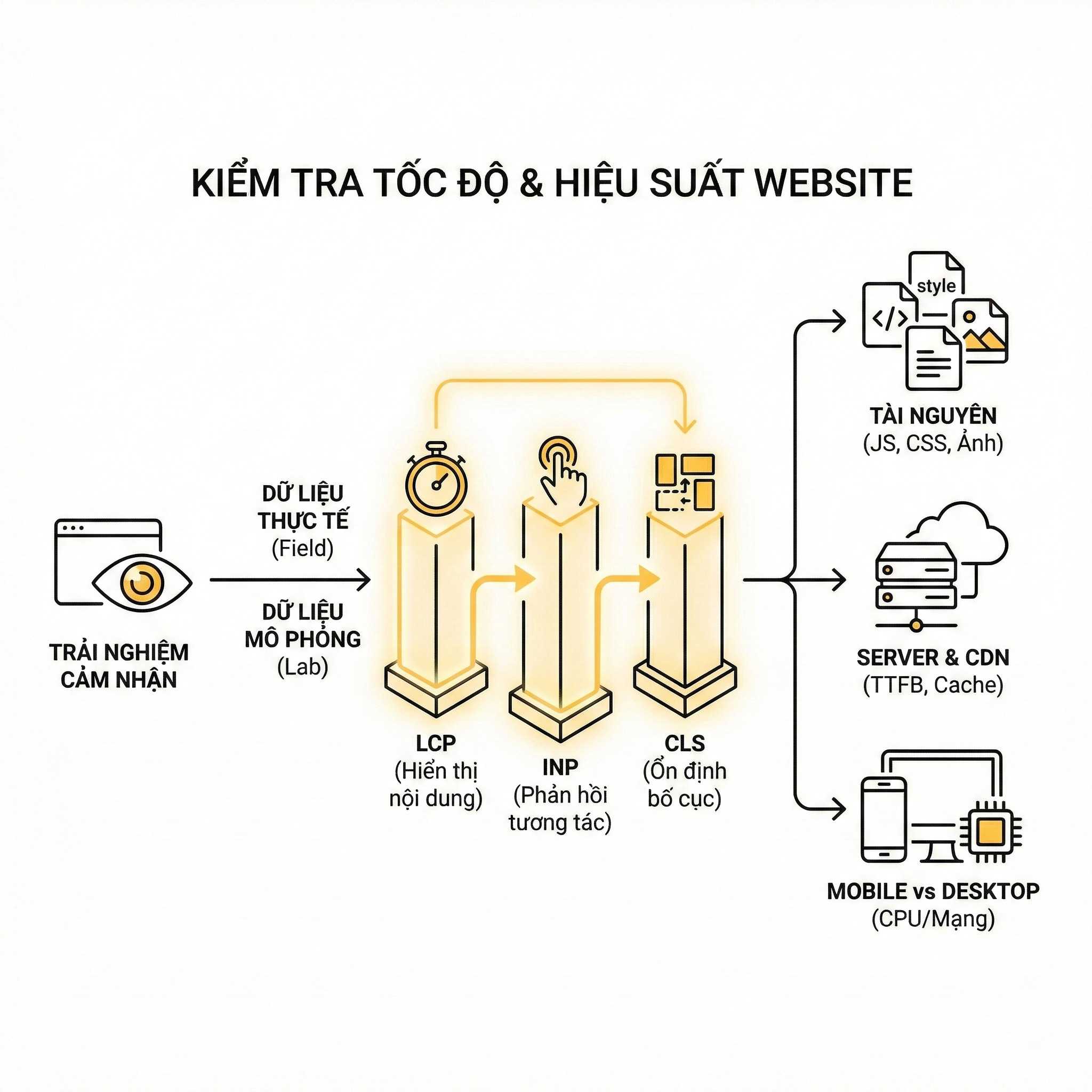 Sơ đồ kiểm tra tốc độ và hiệu suất website với LCP INP CLS tài nguyên server CDN và thiết bị mobile desktop