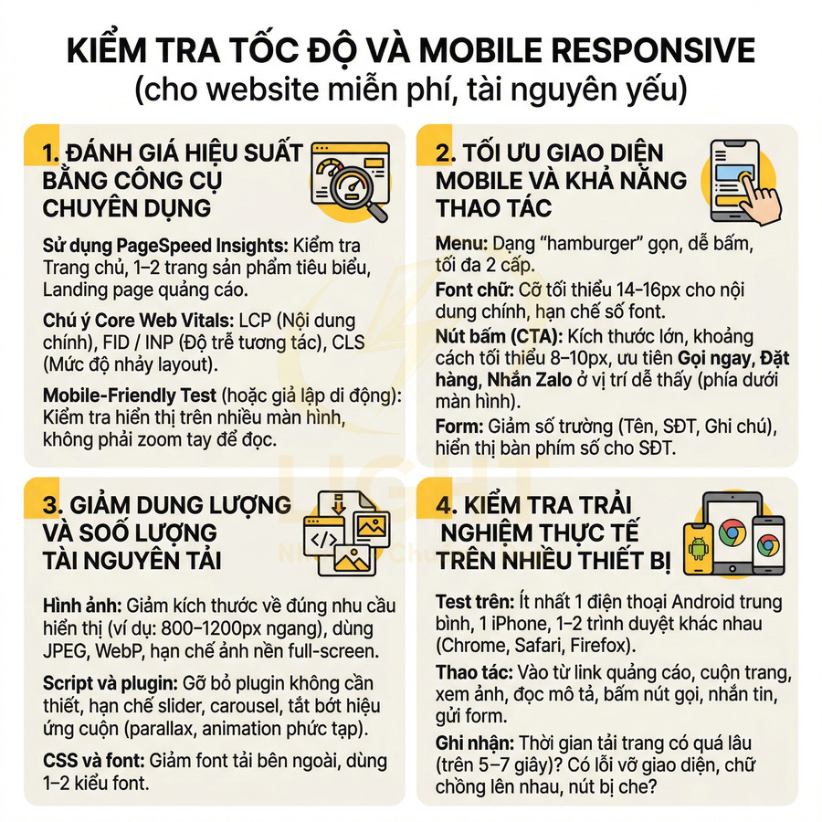 Hướng dẫn kiểm tra tốc độ và tối ưu mobile responsive cho website miễn phí, tập trung vào hiệu suất và trải nghiệm người dùng