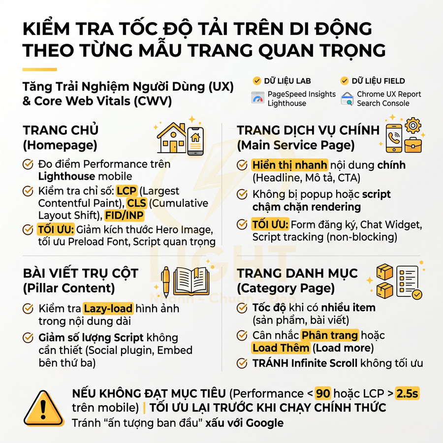 Hướng dẫn tối ưu tốc độ tải trang mobile cho trang chủ, dịch vụ, bài viết trụ cột và trang danh mục tăng UX và Core Web Vitals