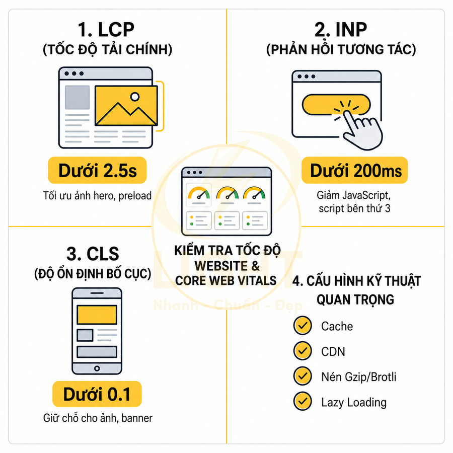 Infographic hướng dẫn tối ưu tốc độ website với LCP, INP, CLS và cấu hình kỹ thuật Core Web Vitals