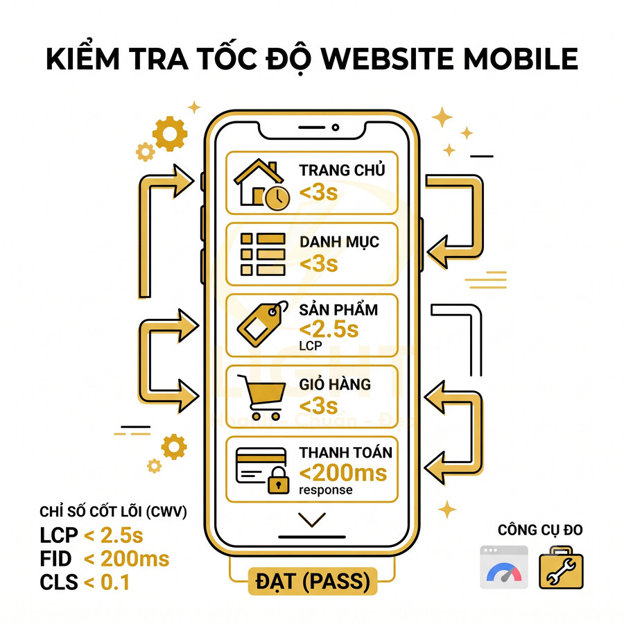 Minh họa kiểm tra tốc độ website bán hàng trên điện thoại, tối ưu trang chủ, danh mục, sản phẩm, giỏ hàng và thanh toán