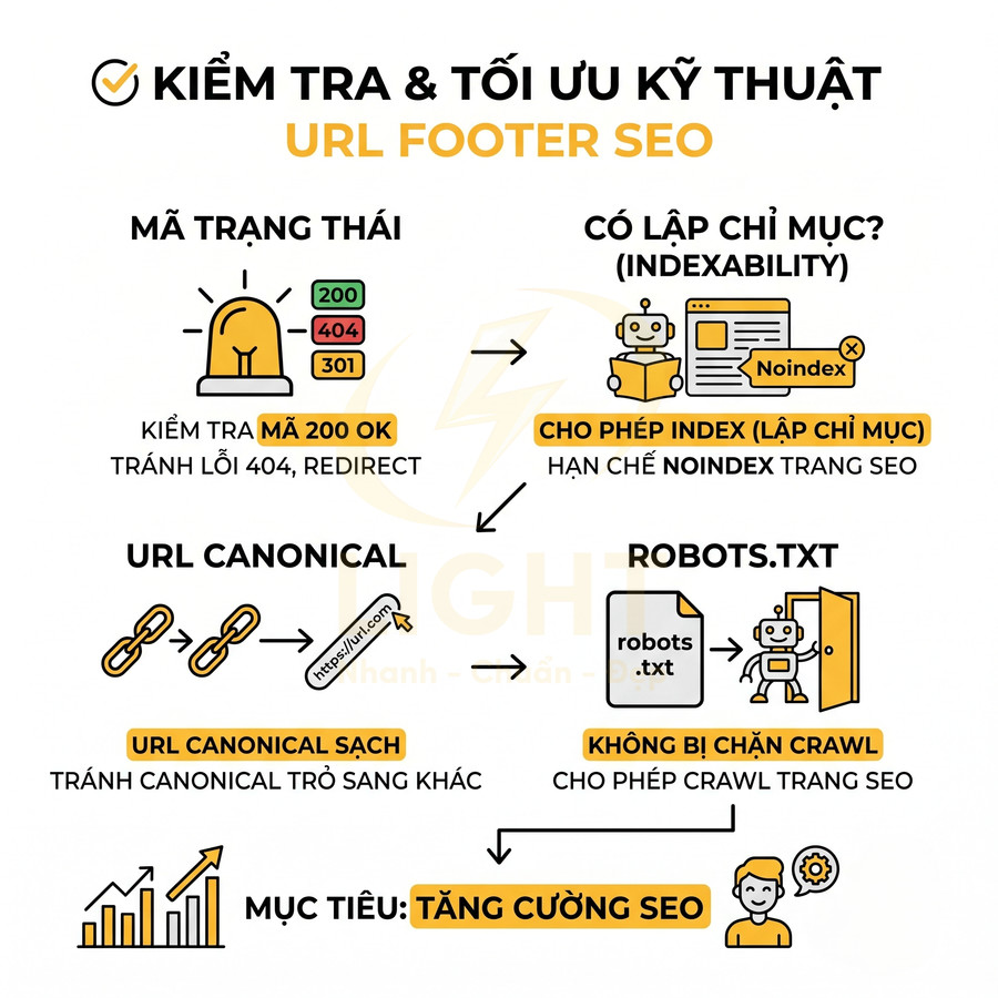 Hướng dẫn kiểm tra và tối ưu kỹ thuật URL footer SEO với mã trạng thái, index, canonical và robots.txt