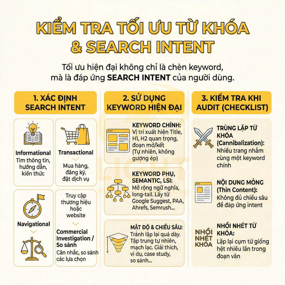 Infographic hướng dẫn kiểm tra tối ưu từ khóa và search intent trong SEO với các bước xác định, sử dụng và audit từ khóa