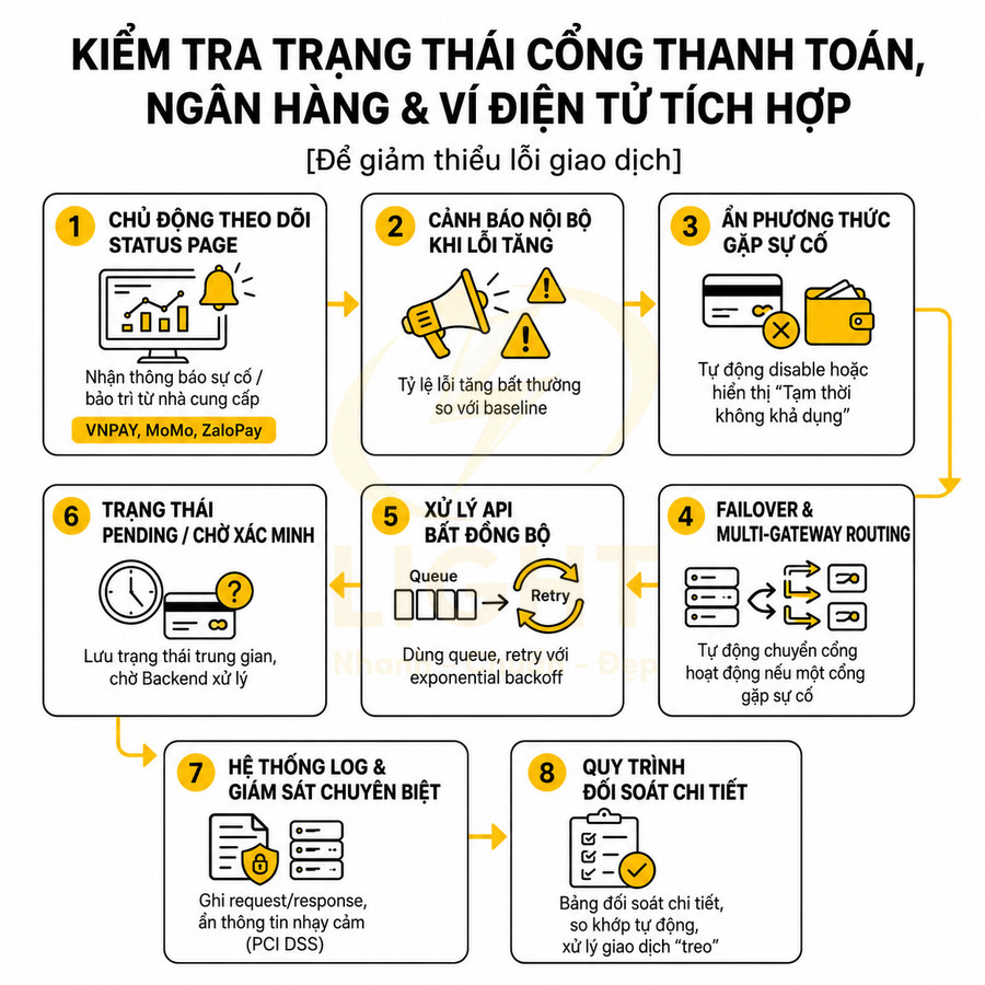 Quy trình kiểm tra trạng thái cổng thanh toán ngân hàng và ví điện tử tích hợp VNPAY MoMo ZaloPay
