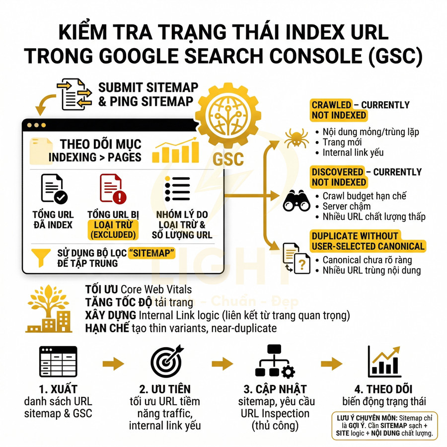 Hướng dẫn kiểm tra trạng thái index URL và tối ưu sitemap trong Google Search Console GSC bằng infographic tiếng Việt