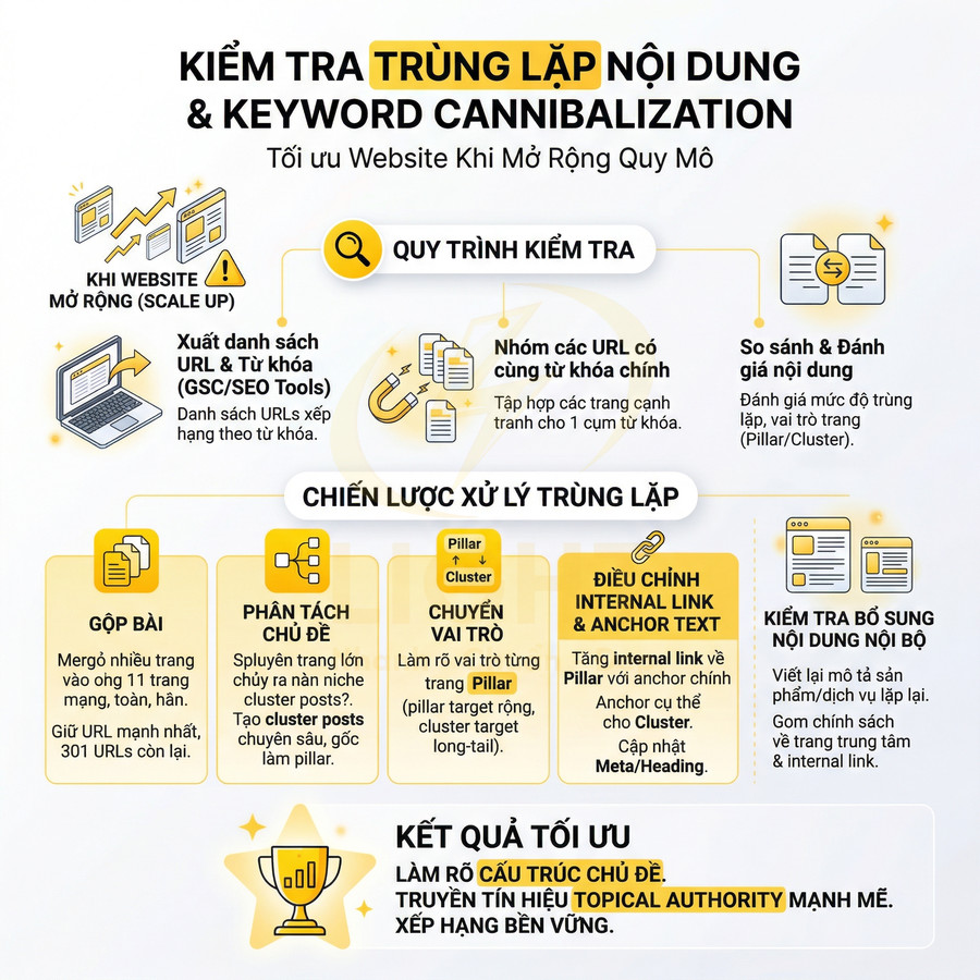 Infographic quy trình kiểm tra trùng lặp nội dung và keyword cannibalization để tối ưu cấu trúc chủ đề website
