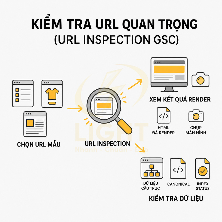 Minh họa quy trình kiểm tra URL quan trọng trong Google Search Console với các bước URL Inspection
