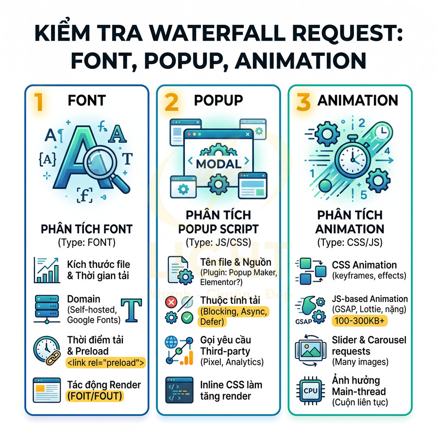 Hướng dẫn kiểm tra waterfall request tối ưu hiệu suất web cho font, popup và animation