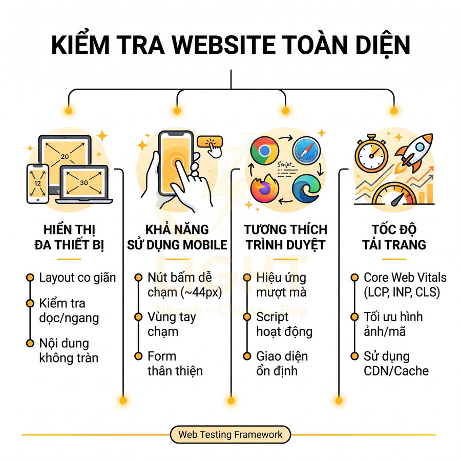 Checklist kiểm tra website toàn diện về hiển thị đa thiết bị, mobile, tương thích trình duyệt và tốc độ tải trang