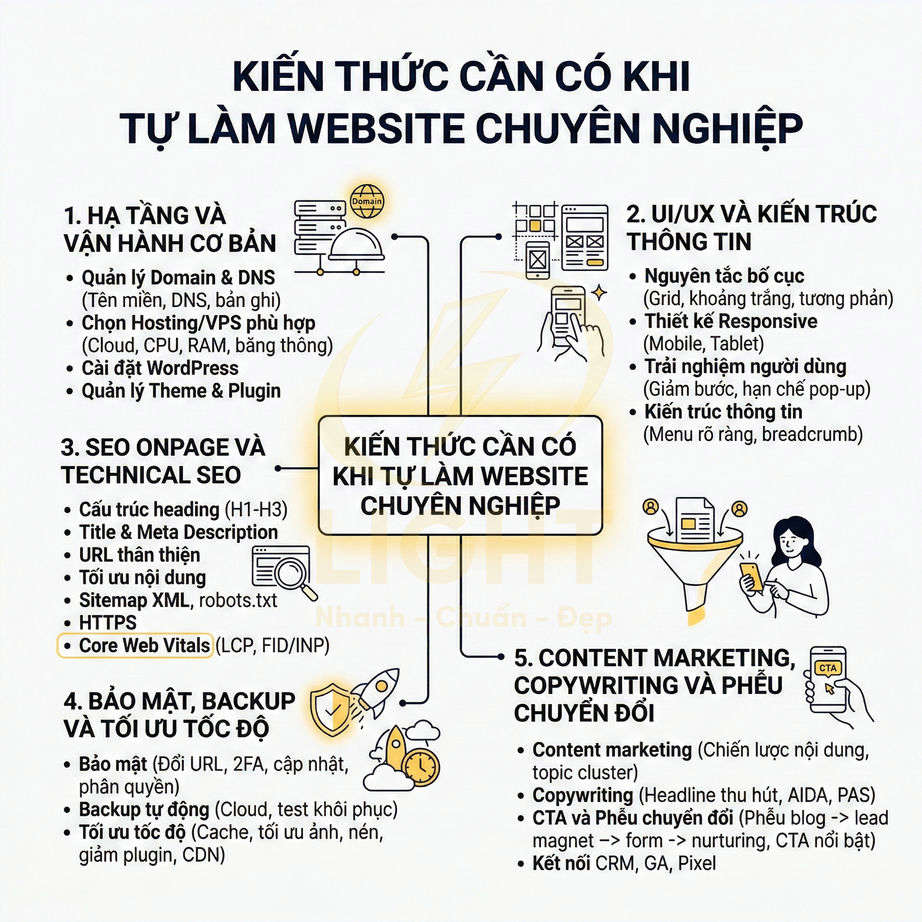 Infographic kiến thức cần có khi tự làm website chuyên nghiệp gồm hạ tầng, SEO, bảo mật, UIUX và content marketing