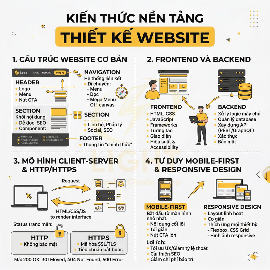 Infographic kiến thức nền tảng thiết kế website: cấu trúc trang, frontend backend, client server, mobile first và responsive design